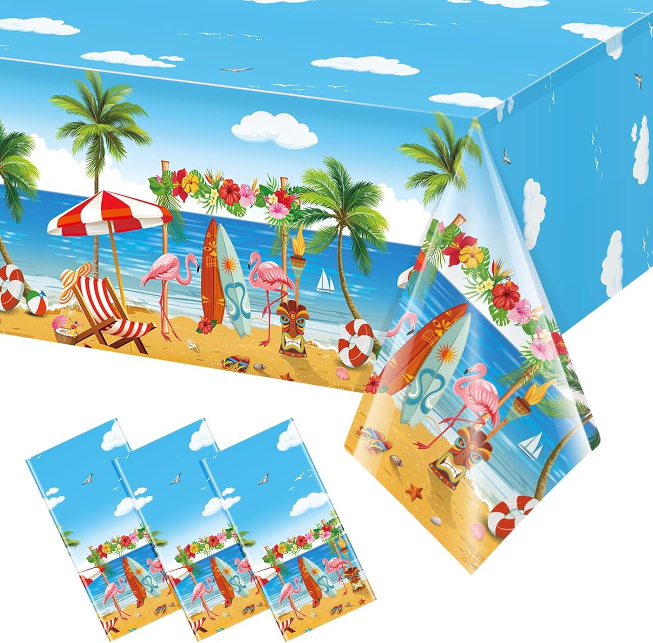 3 Pack Summer Beach Plastic Tablecloth Party Decorations, Disposable Aloha Luau Hawaiian Tablecloth, Flamingo Surfboard Table Cover for Summer Beach Pool Hawaiian Theme Party Decorations, 54 x 108Inch
